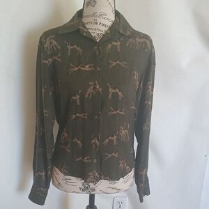 Ralph Lauren Olive and Brown Hound Dog Patterned Shirt Size 2 Petite Rayon Wool